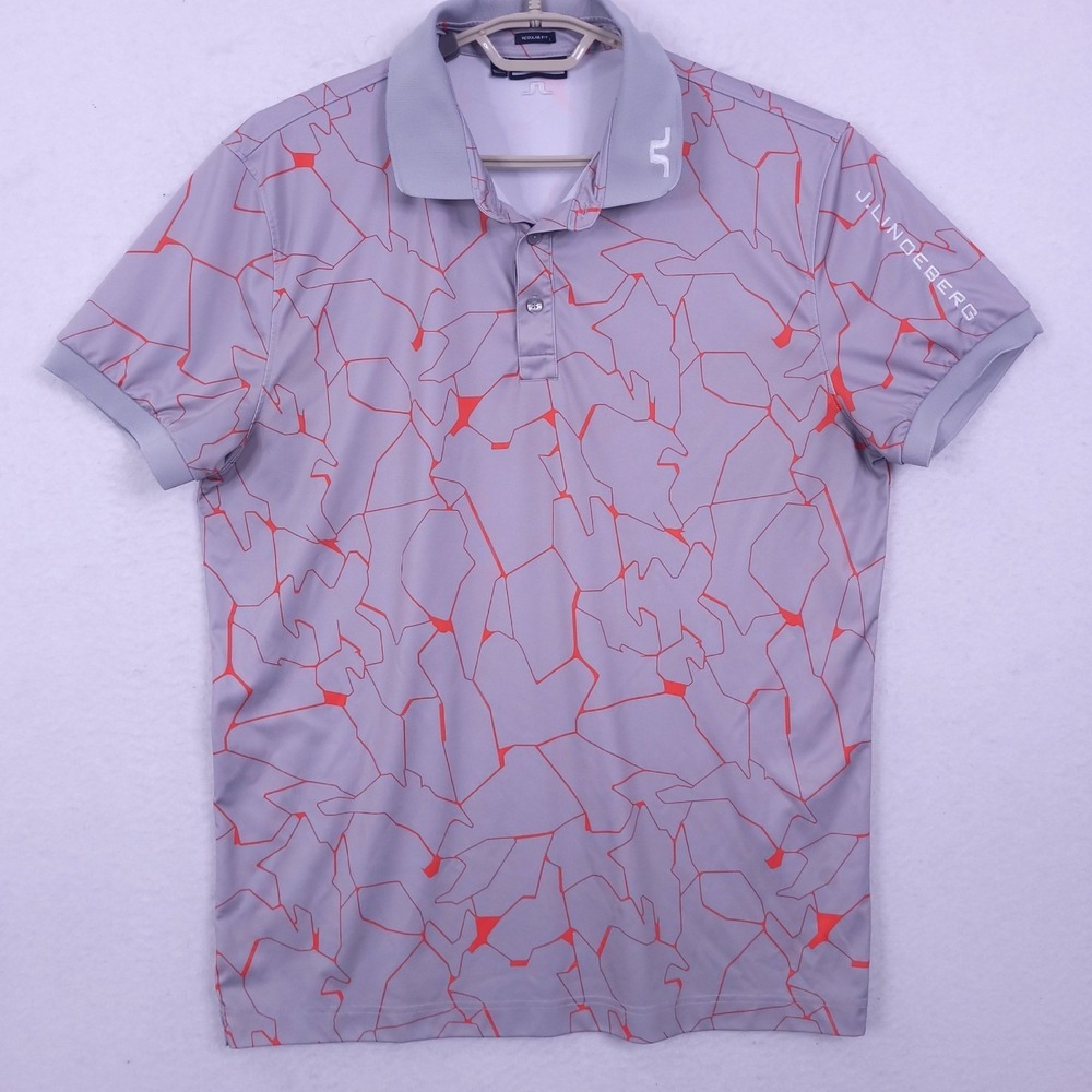 J Lindeberg Tour Tech Regular Fit Print Polo Golf Shirt XL Grey Orange Geomatric